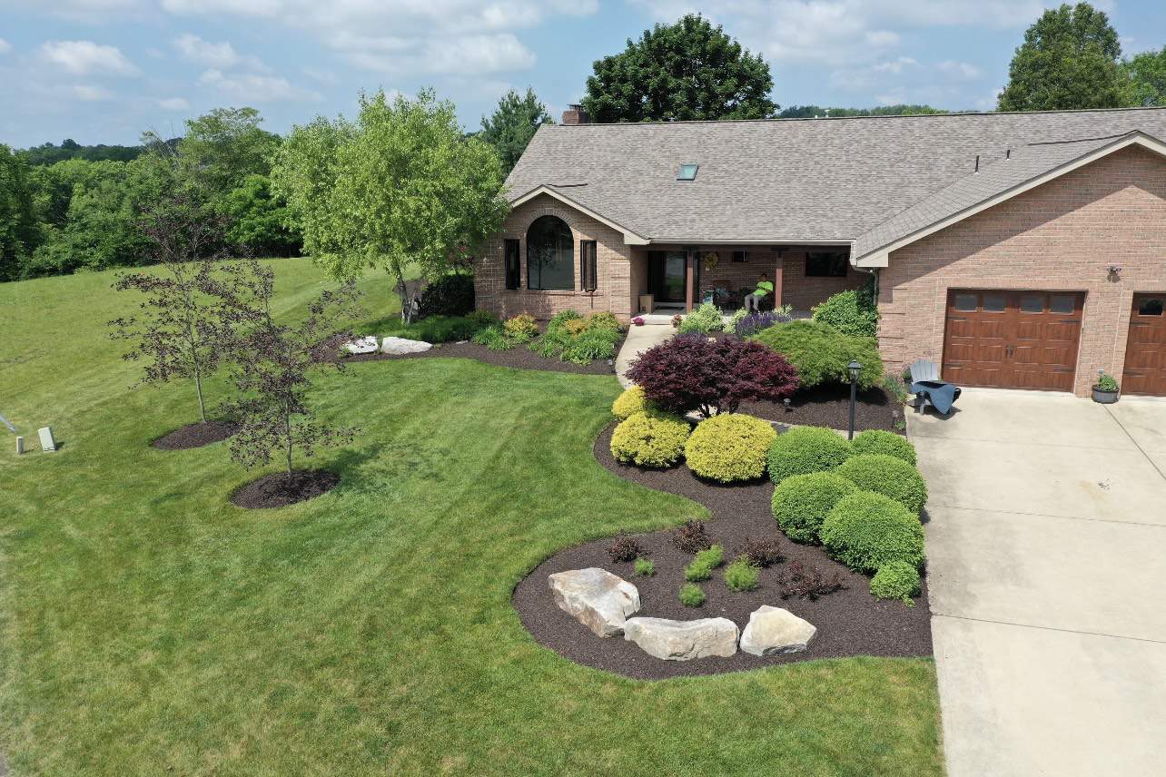 An overview of a front lawn.